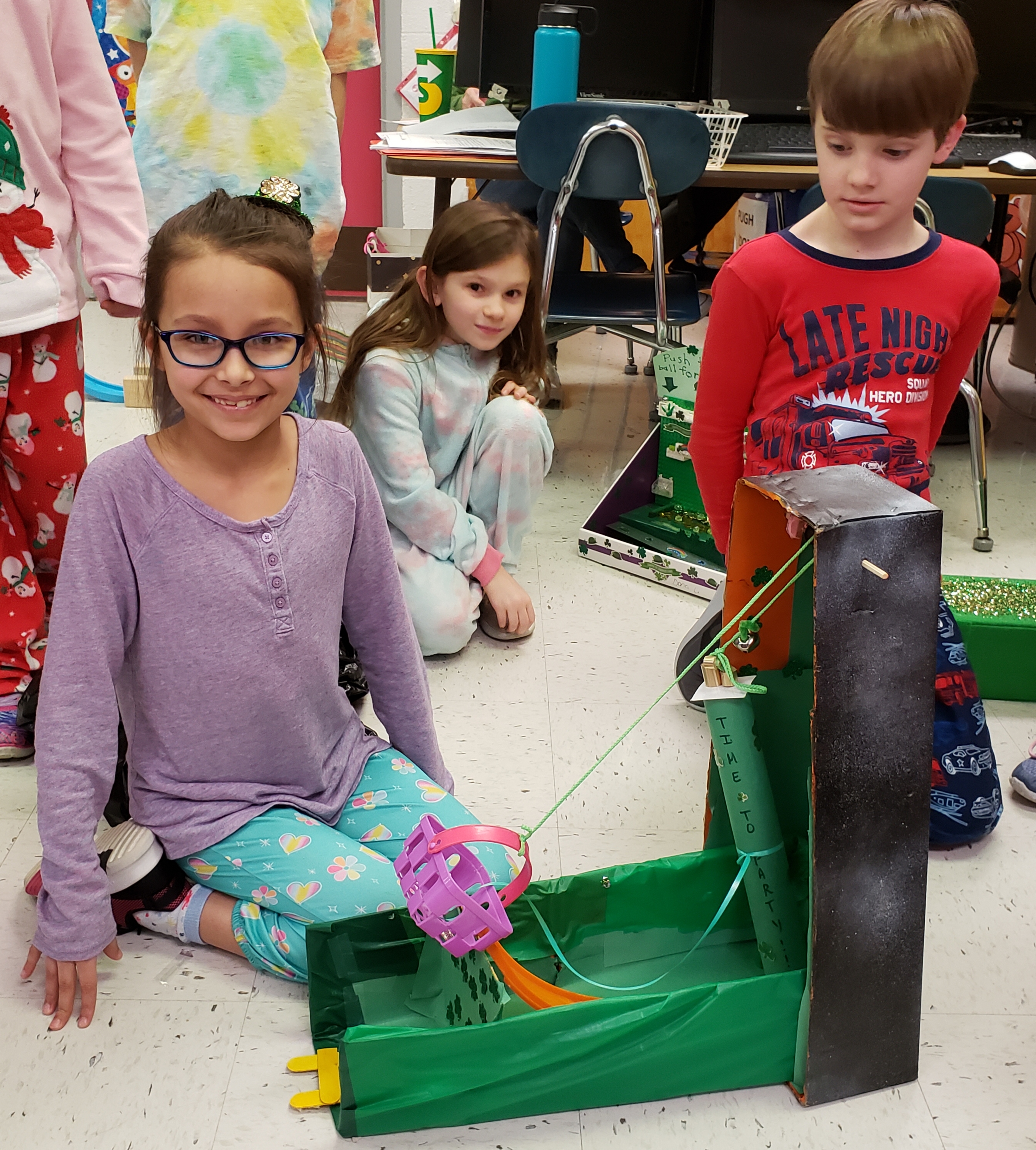 Engineers from Mrs. Pugh's 2nd grade class build and test leprechaun traps before St. Patrick's Day.