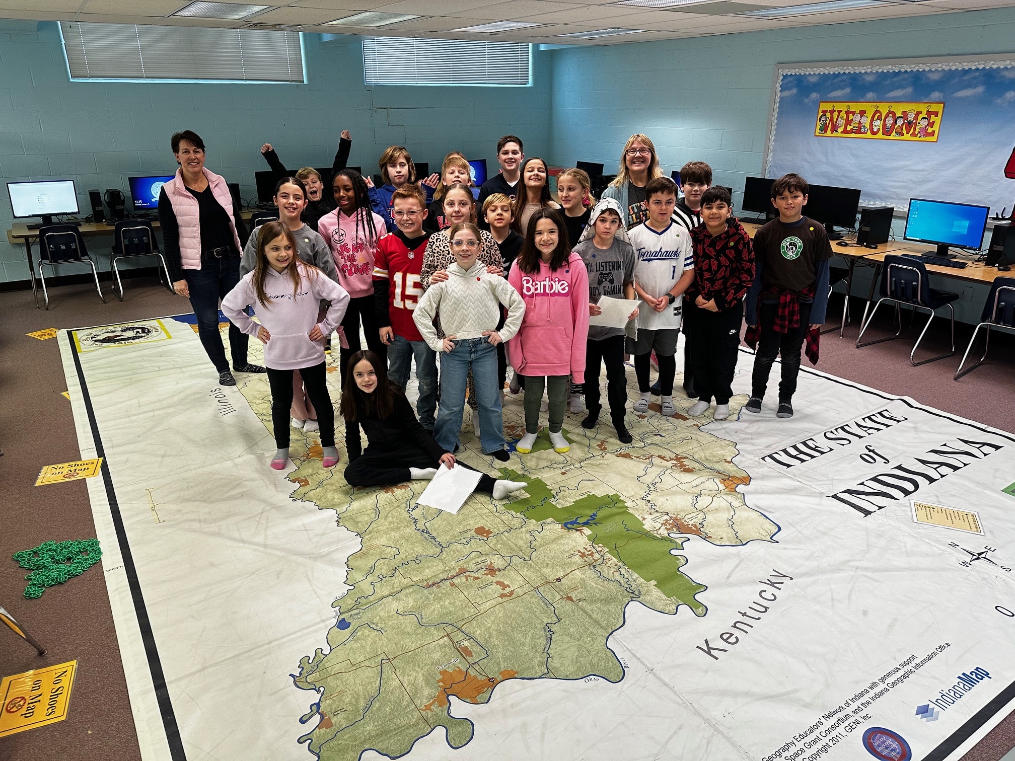 Kolling 4th-grade students learn about IN History and Geography through hands-on activities and engaging with a giant 21' x 15' map. The map and guest teacher, Mrs. Steinhardt, visited us from the Geography Educators Network of Indiana.
